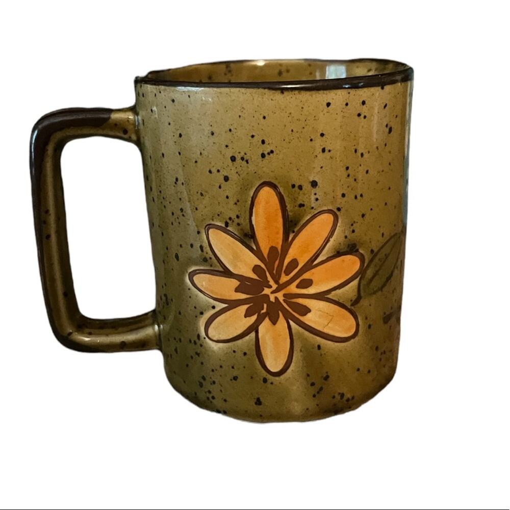 Classic Square Handled 1970’s Flower Power Speckled Pottery Coffee Mug